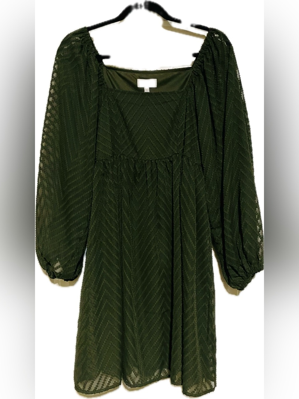 Olive Green Puff-Sleeve Square Neck Dress